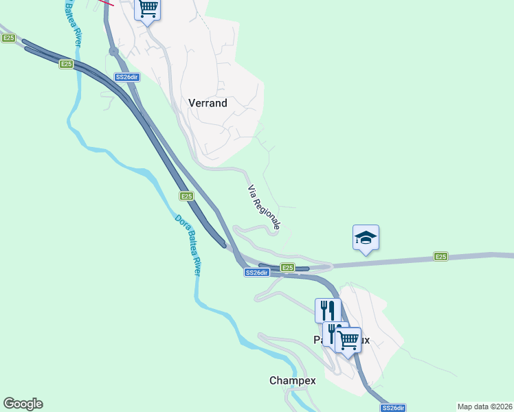 map of restaurants, bars, coffee shops, grocery stores, and more near 11 Via Regionale in Valle d'Aosta