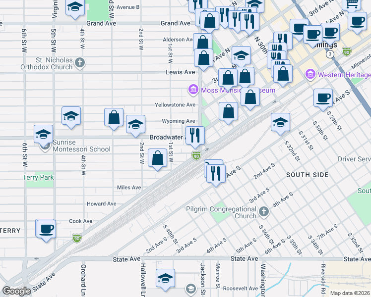 map of restaurants, bars, coffee shops, grocery stores, and more near 2 Broadwater Avenue in Billings