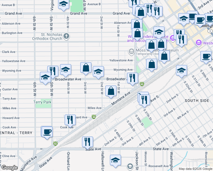 map of restaurants, bars, coffee shops, grocery stores, and more near 120 Broadwater Avenue in Billings