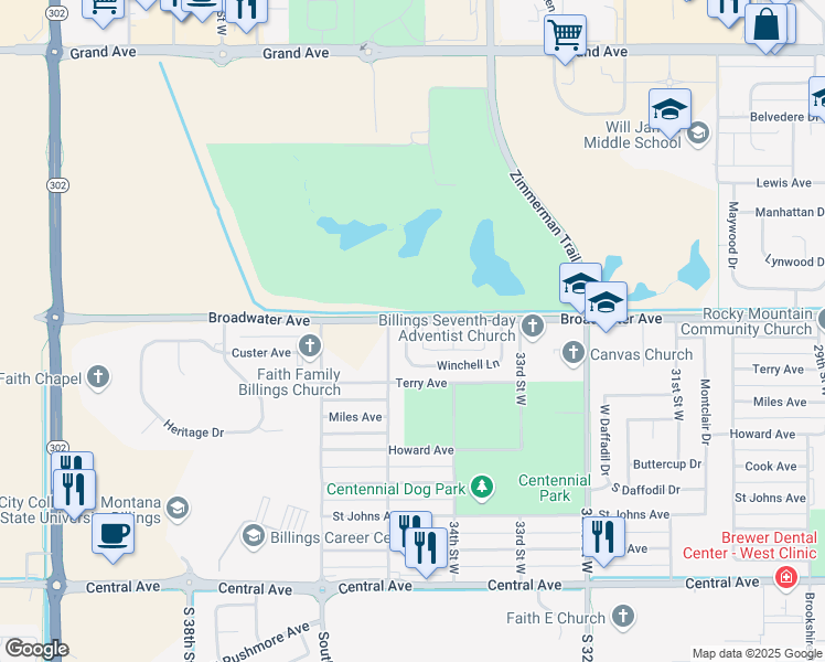 map of restaurants, bars, coffee shops, grocery stores, and more near 3469 Winchell Lane in Billings