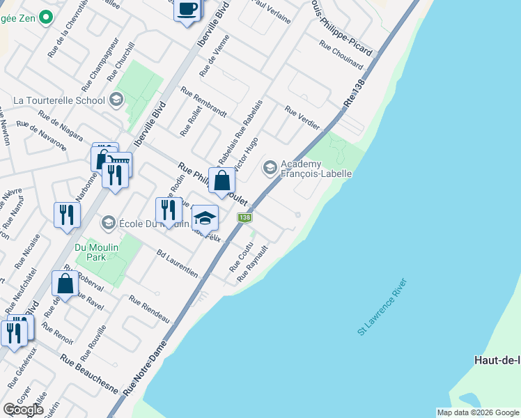 map of restaurants, bars, coffee shops, grocery stores, and more near 1188 Rue Notre Dame in Repentigny