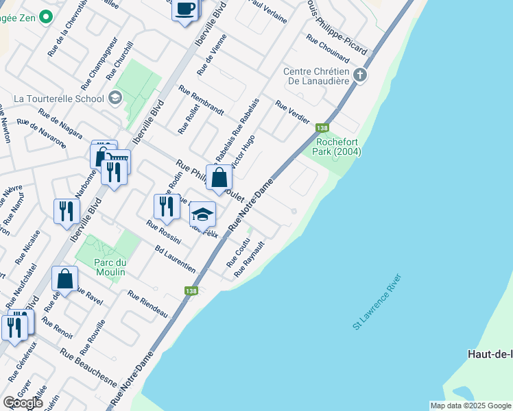 map of restaurants, bars, coffee shops, grocery stores, and more near 1188 Rue Notre Dame in Repentigny