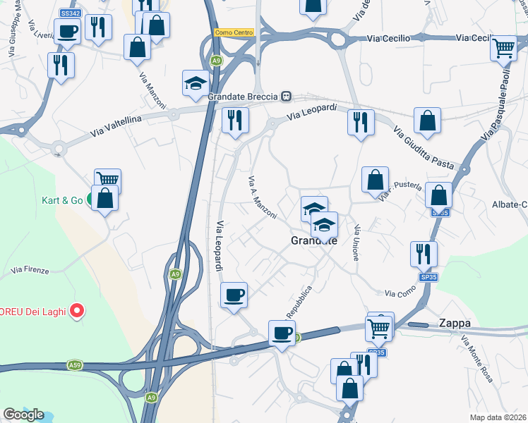 map of restaurants, bars, coffee shops, grocery stores, and more near 1 Via Plinio in Grandate