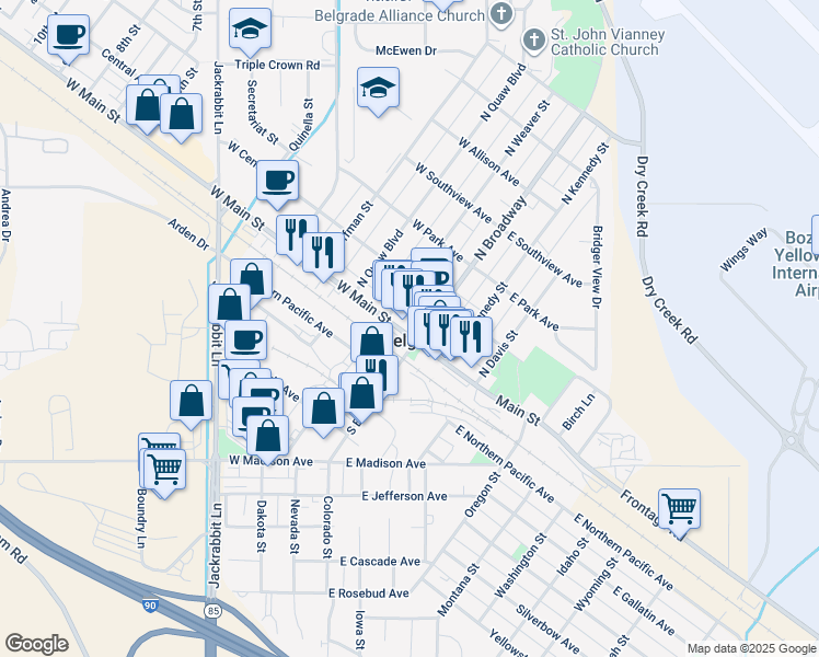 map of restaurants, bars, coffee shops, grocery stores, and more near 91 North Broadway in Belgrade