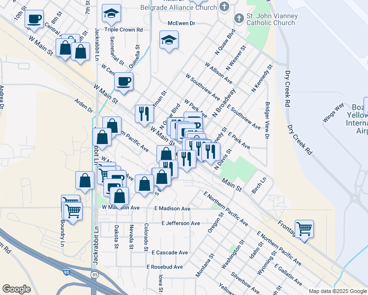 map of restaurants, bars, coffee shops, grocery stores, and more near 91 North Broadway in Belgrade