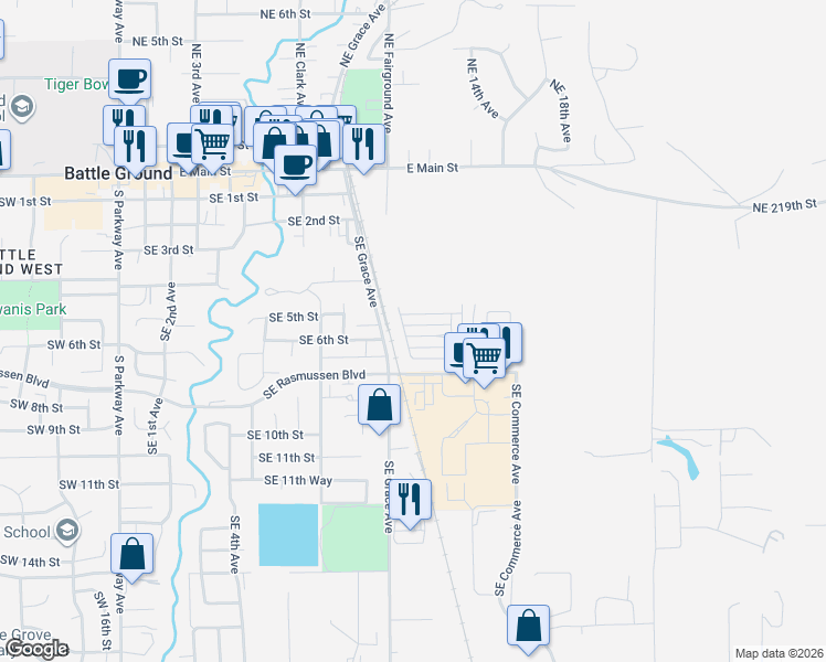 map of restaurants, bars, coffee shops, grocery stores, and more near 1106 Southeast 6th Street in Battle Ground