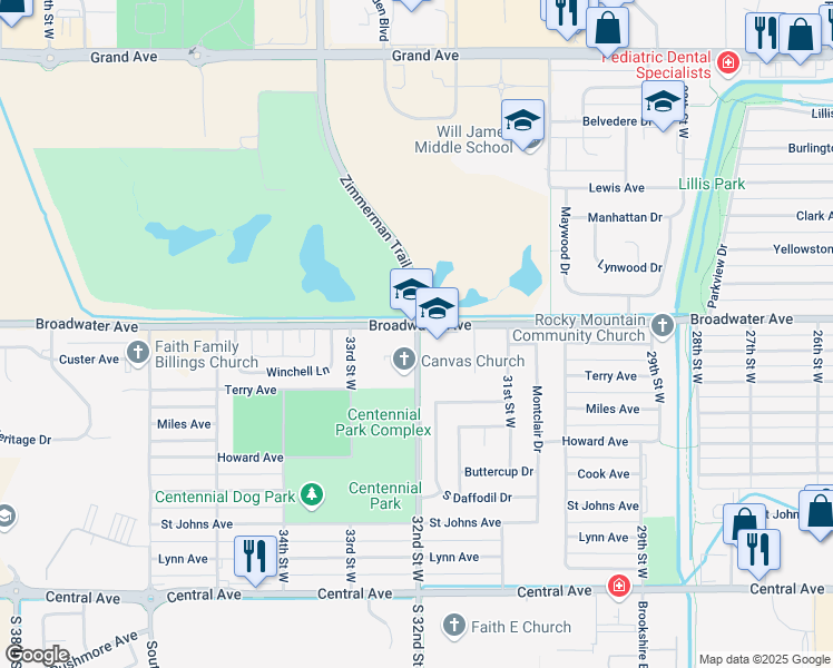 map of restaurants, bars, coffee shops, grocery stores, and more near 798 32nd Street West in Billings