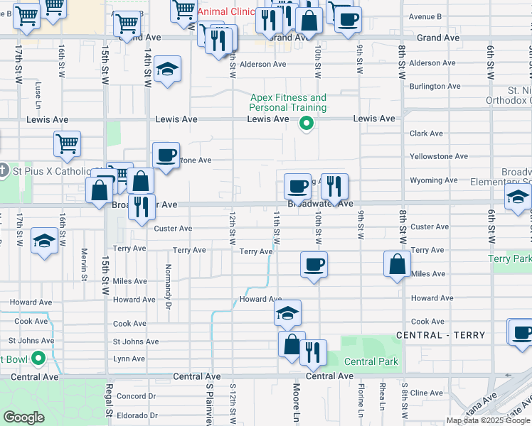 map of restaurants, bars, coffee shops, grocery stores, and more near 1120 Broadwater Ave in Billings