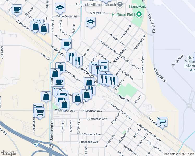 map of restaurants, bars, coffee shops, grocery stores, and more near 91 North Broadway in Belgrade