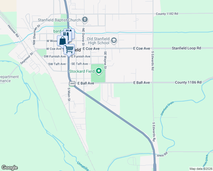 map of restaurants, bars, coffee shops, grocery stores, and more near 536-598 E Ball Ave in Stanfield