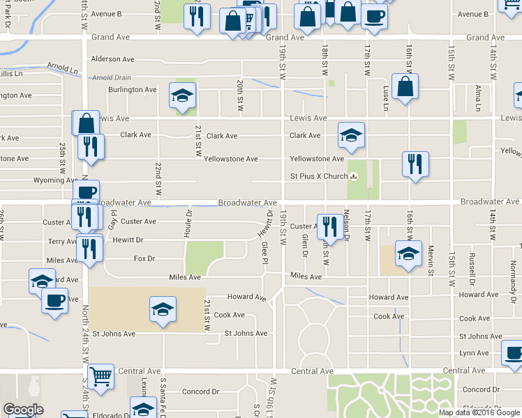 map of restaurants, bars, coffee shops, grocery stores, and more near 1937-2019 Broadwater Avenue in Billings