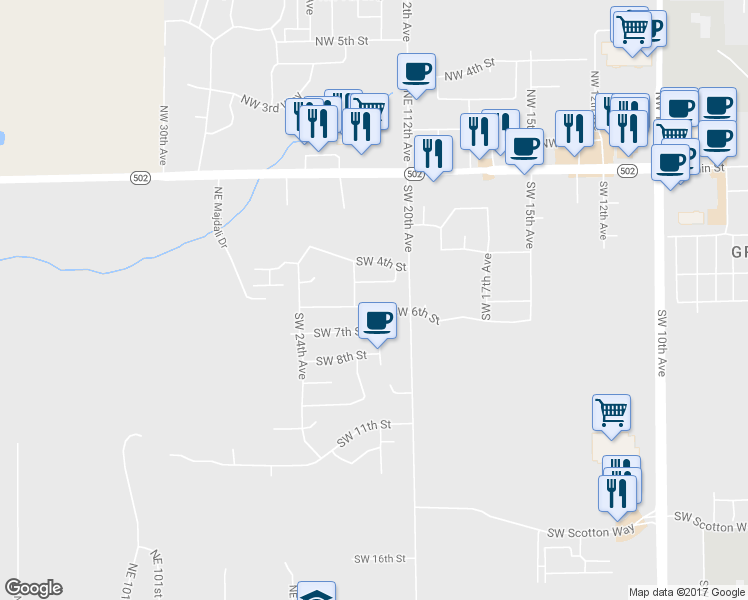 map of restaurants, bars, coffee shops, grocery stores, and more near 2102 Southwest 6th Street in Battle Ground