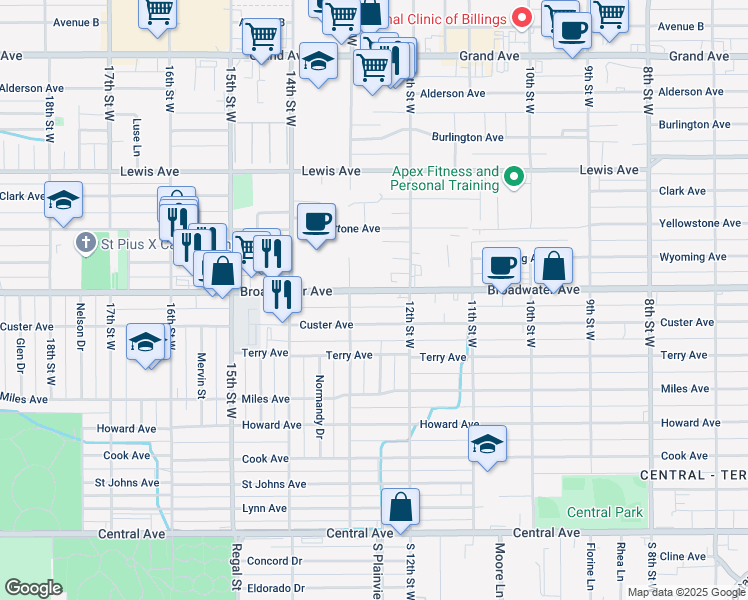 map of restaurants, bars, coffee shops, grocery stores, and more near 1228 Broadwater Avenue in Billings