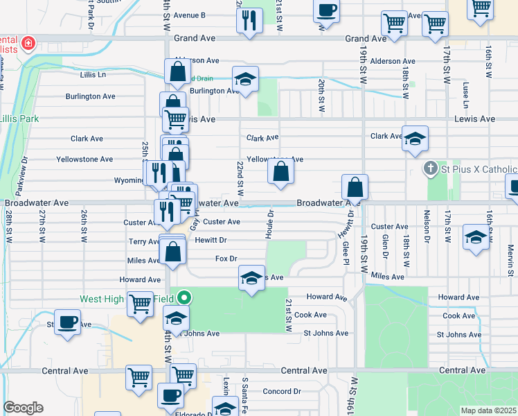map of restaurants, bars, coffee shops, grocery stores, and more near 2141-2221 Broadwater Avenue in Billings