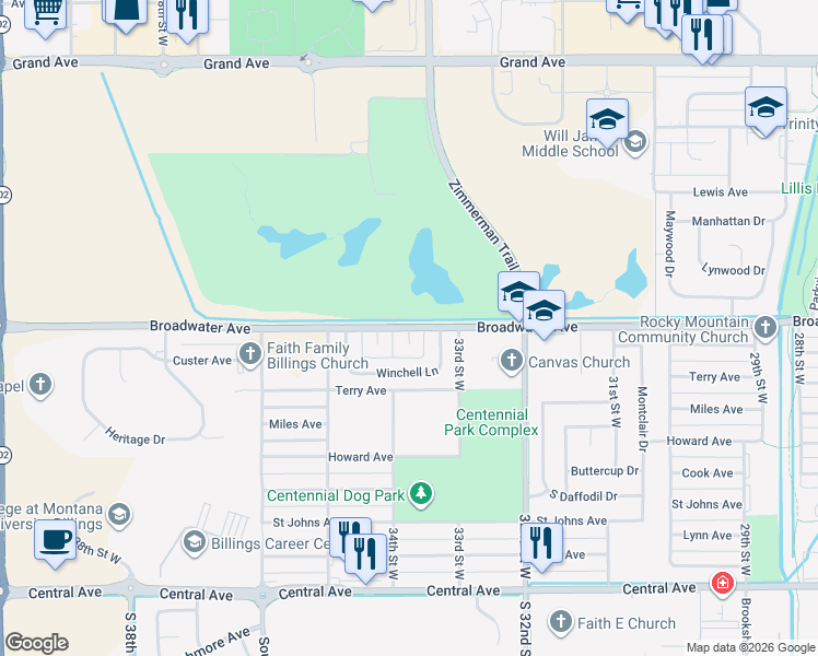 map of restaurants, bars, coffee shops, grocery stores, and more near 3383 Broadwater Ave in Billings