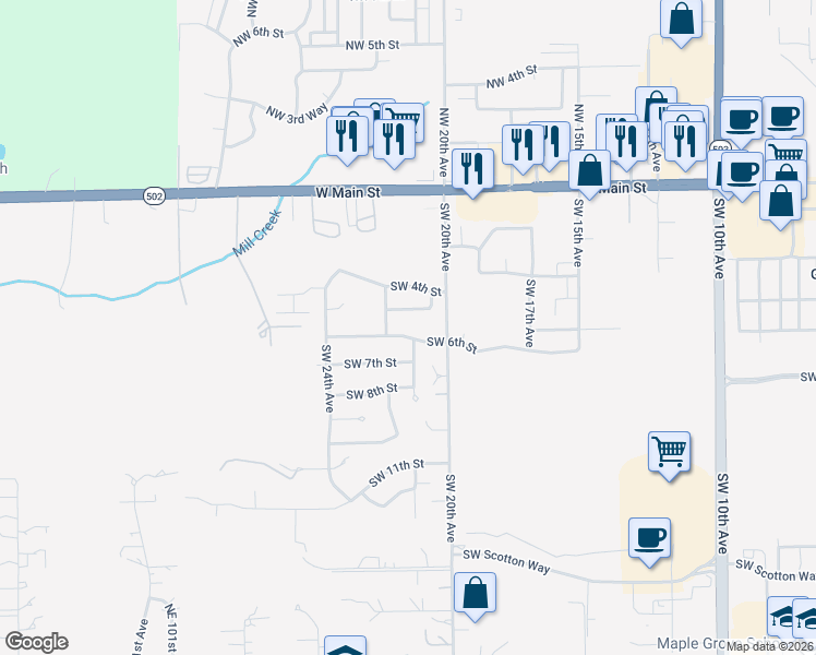 map of restaurants, bars, coffee shops, grocery stores, and more near 2102 Southwest 6th Street in Battle Ground