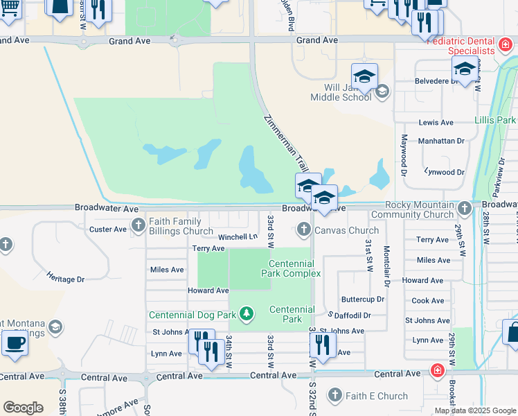 map of restaurants, bars, coffee shops, grocery stores, and more near 3333 Broadwater Avenue in Billings