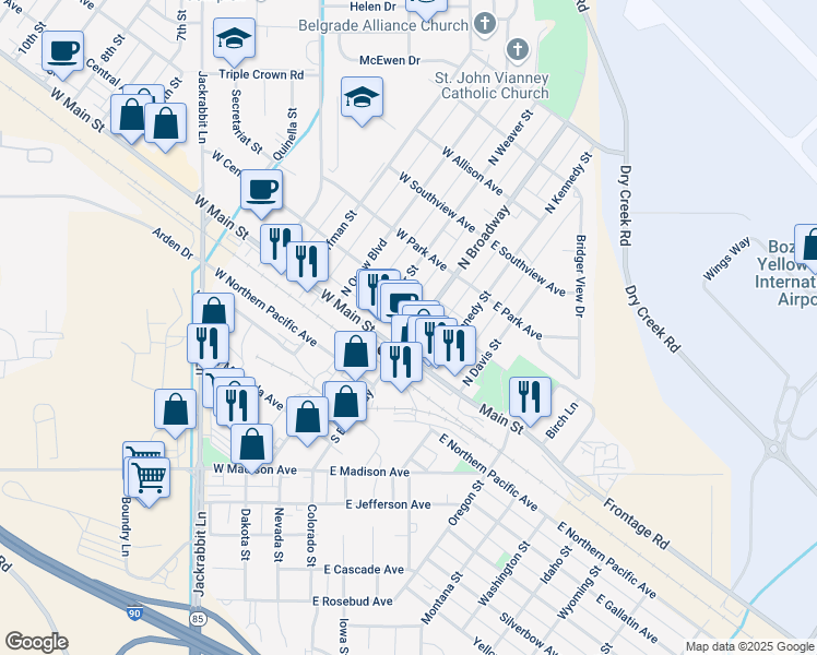 map of restaurants, bars, coffee shops, grocery stores, and more near 91 North Broadway in Belgrade