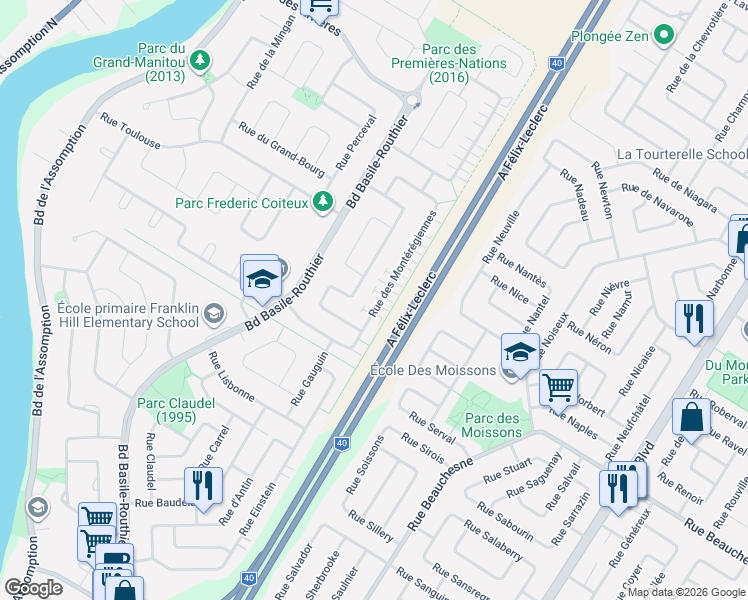 map of restaurants, bars, coffee shops, grocery stores, and more near 1203 Rue des Montérégiennes in Repentigny