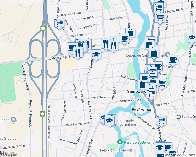 map of restaurants, bars, coffee shops, grocery stores, and more near Rue Castonguay in Saint-Jérôme