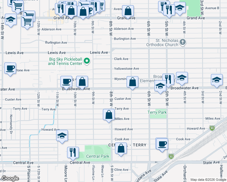 map of restaurants, bars, coffee shops, grocery stores, and more near 772 Broadwater Avenue in Billings