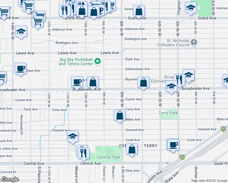 map of restaurants, bars, coffee shops, grocery stores, and more near 824 Broadwater Avenue in Billings