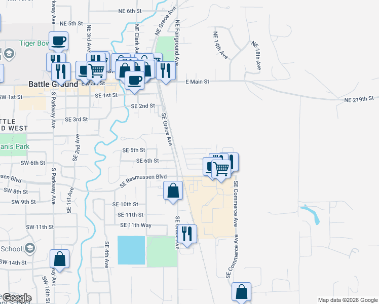 map of restaurants, bars, coffee shops, grocery stores, and more near 1107 Southeast 5th Street in Battle Ground