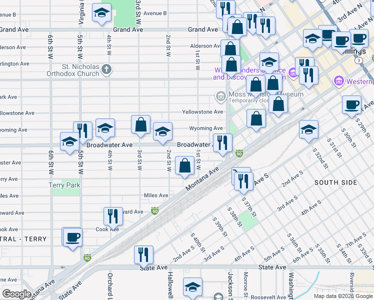 map of restaurants, bars, coffee shops, grocery stores, and more near 120 Broadwater Avenue in Billings