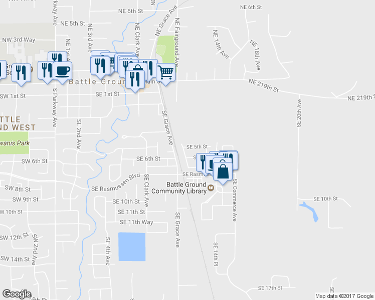 map of restaurants, bars, coffee shops, grocery stores, and more near 1107 SE 5th St in Battle Ground
