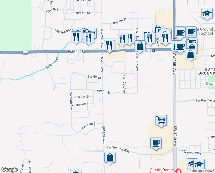 map of restaurants, bars, coffee shops, grocery stores, and more near 1910 Southwest 6th Street in Battle Ground