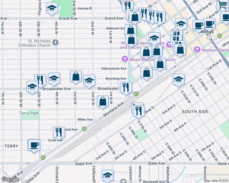 map of restaurants, bars, coffee shops, grocery stores, and more near 42 Broadwater Avenue in Billings