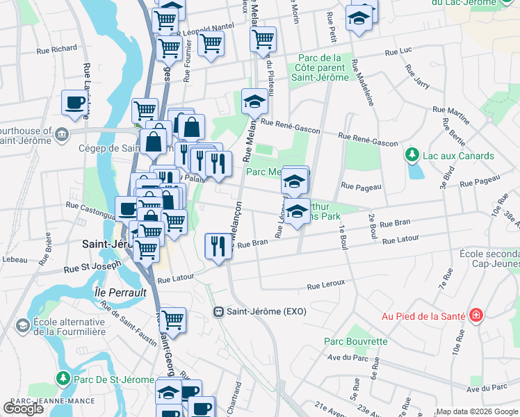 map of restaurants, bars, coffee shops, grocery stores, and more near 511 Rue Parent in Saint-Jérôme