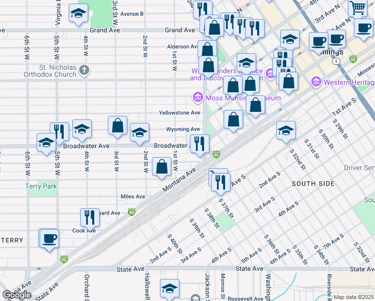 map of restaurants, bars, coffee shops, grocery stores, and more near 42 Broadwater Avenue in Billings