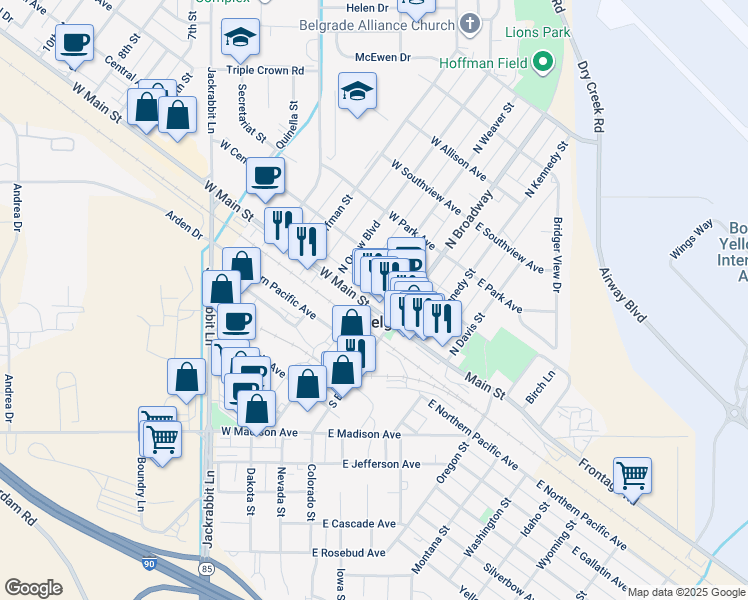 map of restaurants, bars, coffee shops, grocery stores, and more near 101 West Main Street in Belgrade