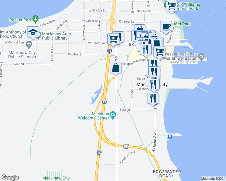 map of restaurants, bars, coffee shops, grocery stores, and more near 450 South Nicolet Street in Mackinaw City