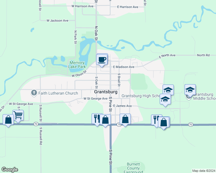 map of restaurants, bars, coffee shops, grocery stores, and more near in Grantsburg
