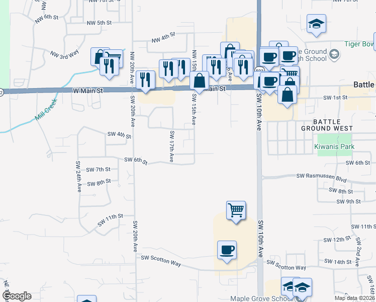 map of restaurants, bars, coffee shops, grocery stores, and more near 1512 Southwest 5th Street in Battle Ground