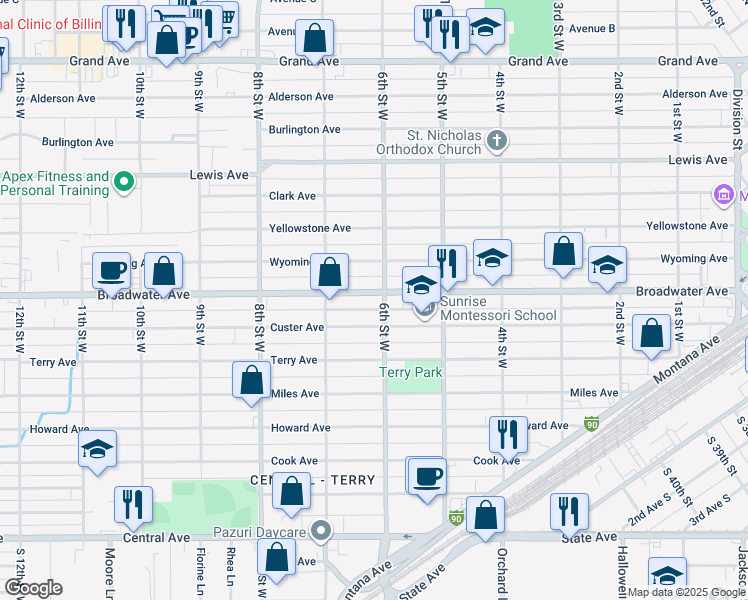 map of restaurants, bars, coffee shops, grocery stores, and more near 608 Broadwater Avenue in Billings