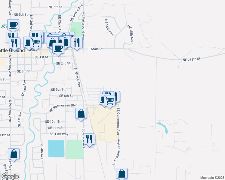 map of restaurants, bars, coffee shops, grocery stores, and more near 1411 Southeast 5th Way in Battle Ground