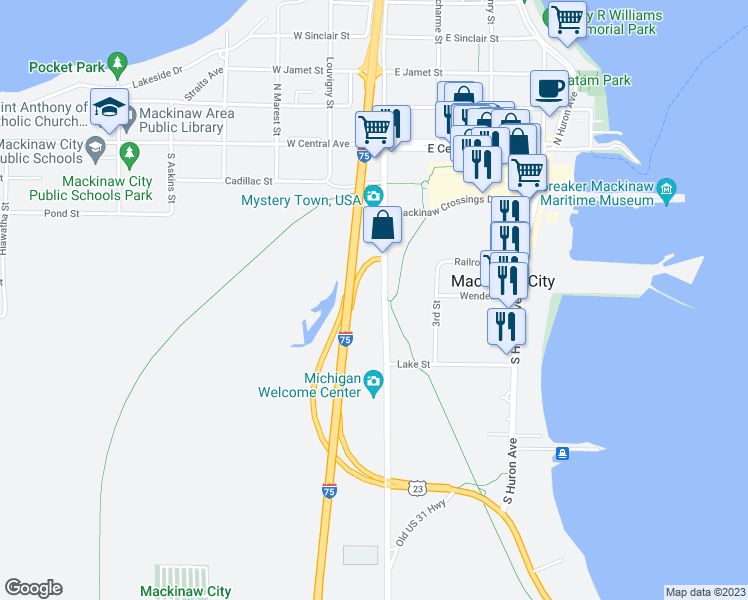 map of restaurants, bars, coffee shops, grocery stores, and more near 450 South Nicolet Street in Mackinaw City