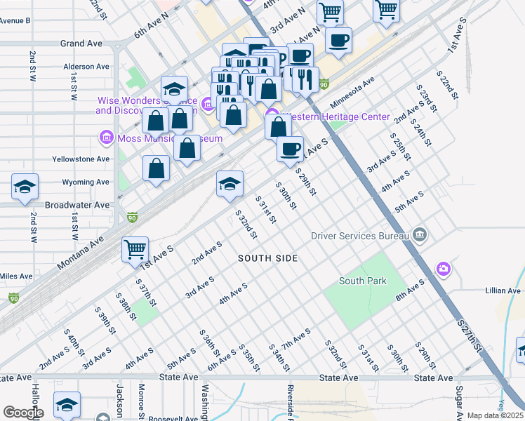 map of restaurants, bars, coffee shops, grocery stores, and more near 114 South 31st Street in Billings