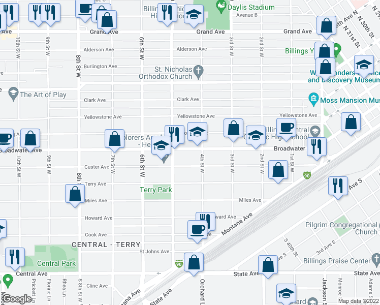 map of restaurants, bars, coffee shops, grocery stores, and more near 420 Broadwater Avenue in Billings