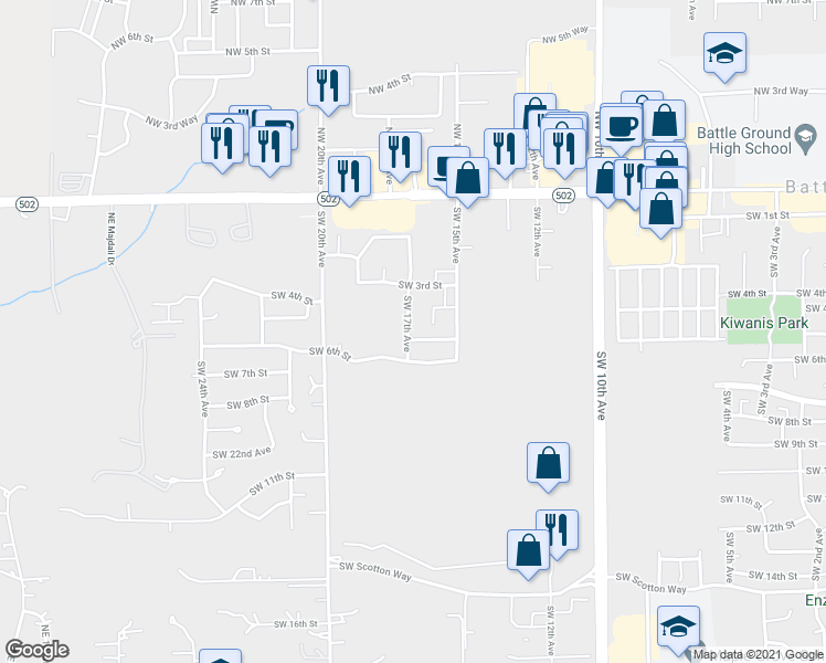 map of restaurants, bars, coffee shops, grocery stores, and more near 1618 Southwest 5th Street in Battle Ground