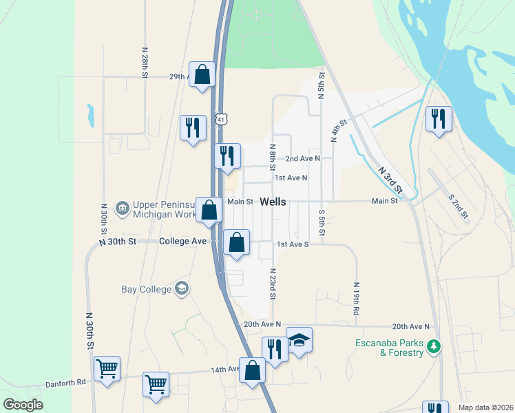 map of restaurants, bars, coffee shops, grocery stores, and more near 5677 Main Street in Wells