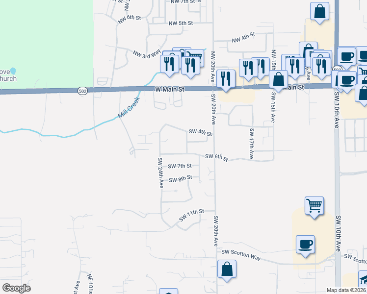 map of restaurants, bars, coffee shops, grocery stores, and more near 518 Southwest 22nd Avenue in Battle Ground