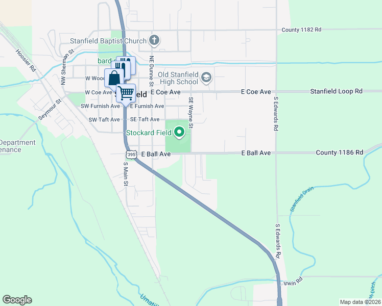 map of restaurants, bars, coffee shops, grocery stores, and more near 598 E Ball Ave in Stanfield