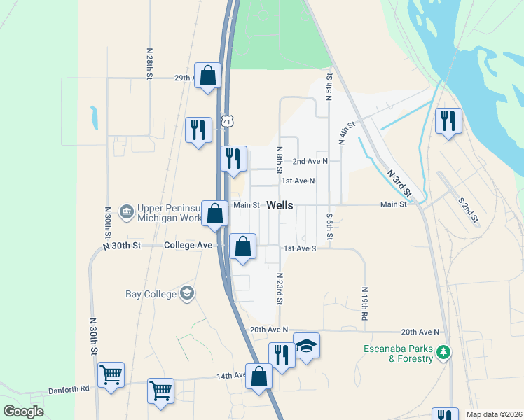 map of restaurants, bars, coffee shops, grocery stores, and more near 5677-5687 Main Street in Wells