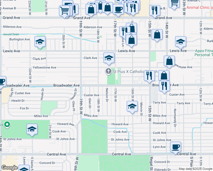 map of restaurants, bars, coffee shops, grocery stores, and more near 1729 Broadwater Avenue in Billings
