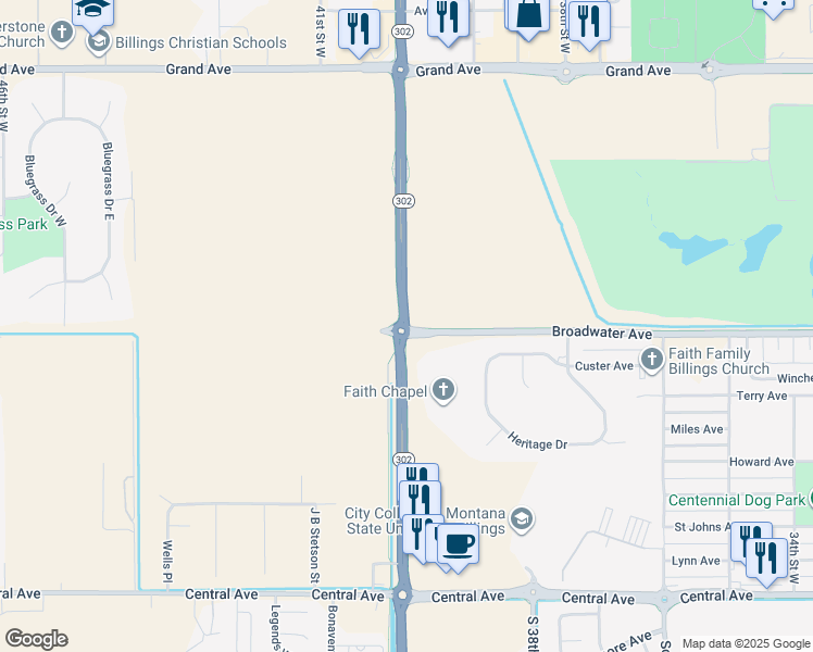 map of restaurants, bars, coffee shops, grocery stores, and more near 600 40th Street West in Billings
