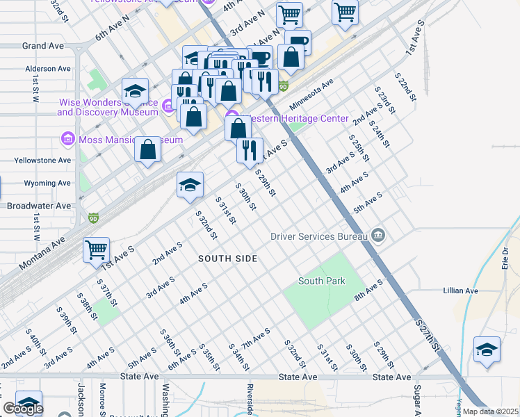 map of restaurants, bars, coffee shops, grocery stores, and more near 213 South 30th Street in Billings